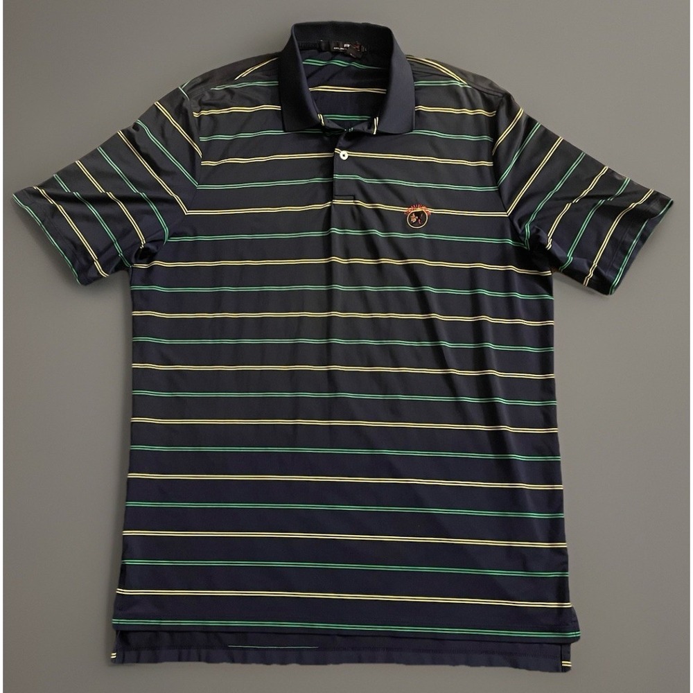 RLX Ralph Lauren Short Sleeve Polo Golf Shirt Blue Stripe Embroidered Large JBHS
